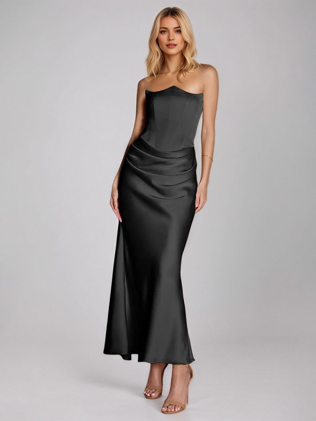Black Satin Sheath/Column Off The Shoulder Sleeveless Floor Length Dress