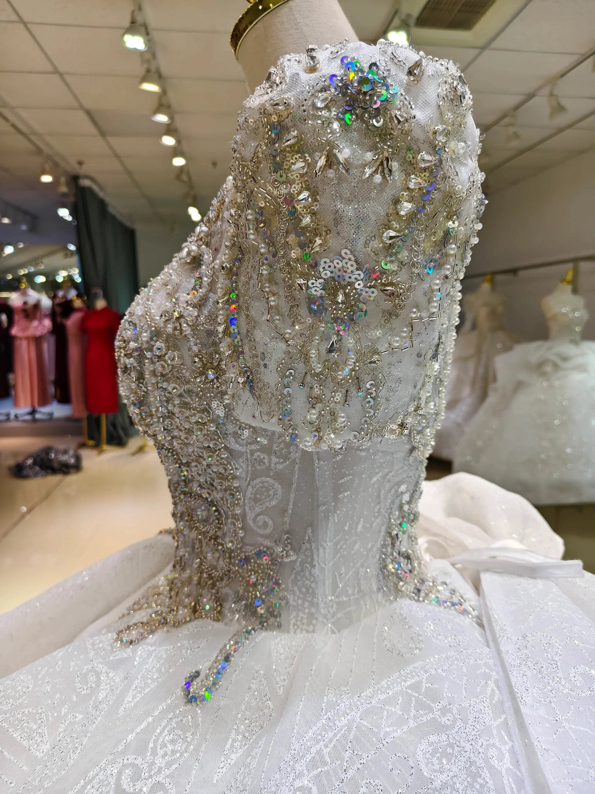 Silver Sparkle Cap-Sleeve Ballgown Beaded Bust & Bow Train (ZD16780)