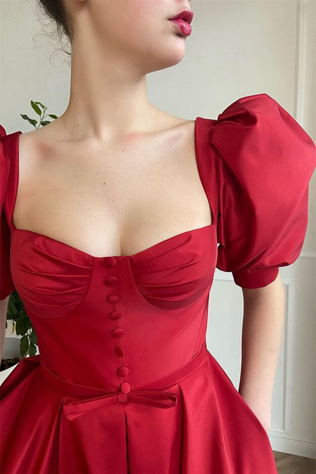 Red Split Front Short Prom Dress with Square Neckline and Short Sleeves - View 3 | VelvetHem