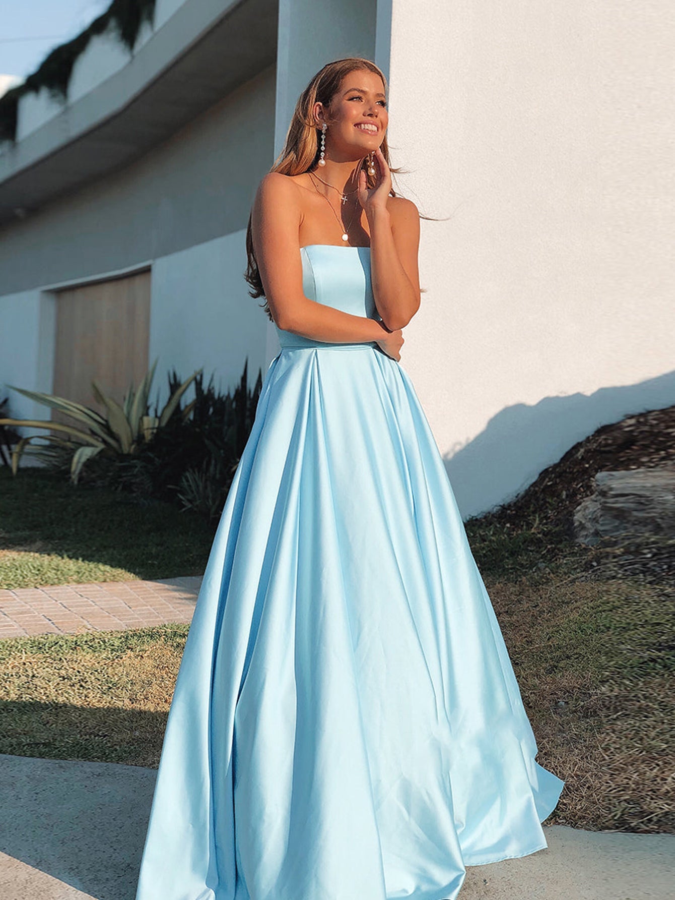Sky Blue Strapless Tight Long Prom Dress - Fashionpara