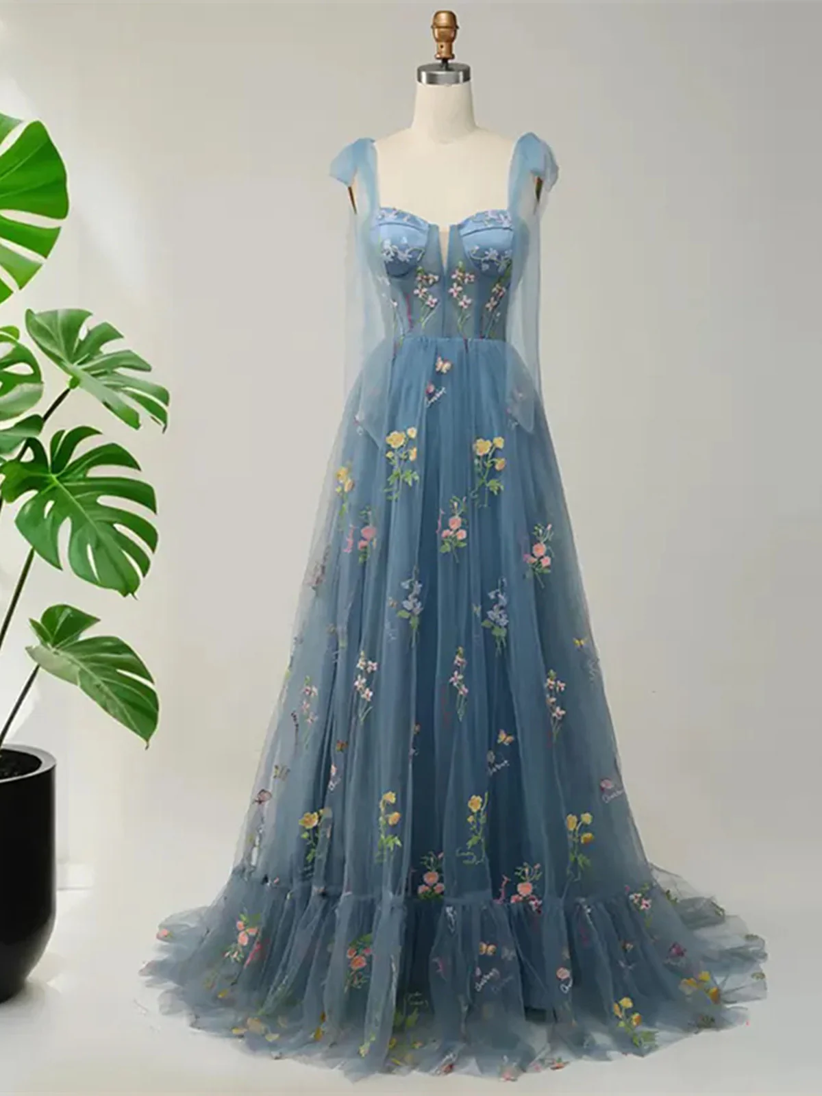 Blue Floral Embroidery Tulle Prom Dress, A-Line Fairy Gown Blue Party Dress - FashionDia