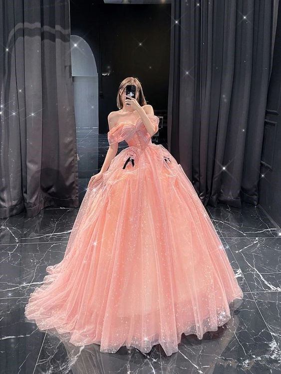 Charming Of The Shoulder Ball Gown A-Line Pink Tulle Prom Dress - FashionDia