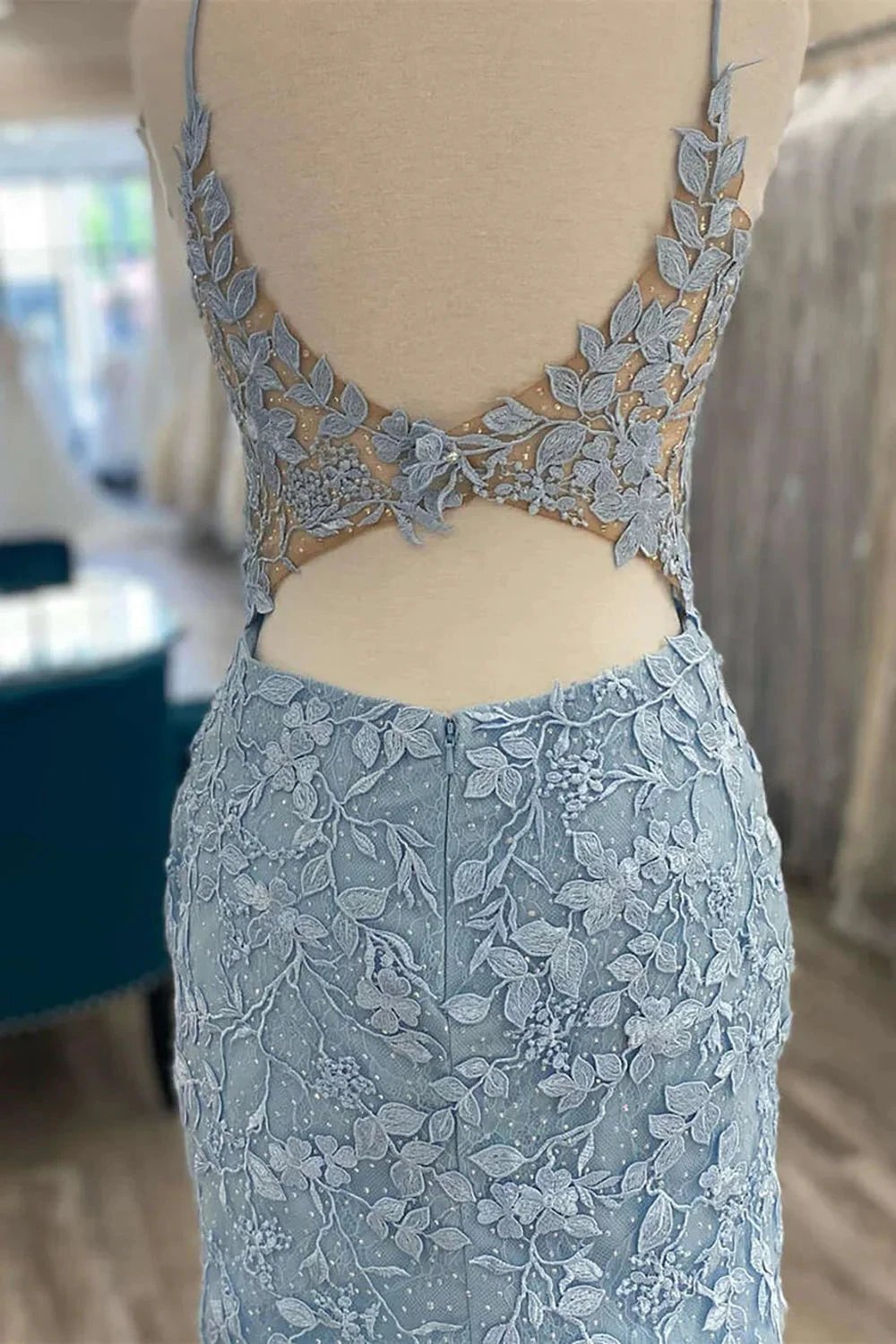 Cute Light Blue V Neck Lace Homecoming Dresses (ZD11453)