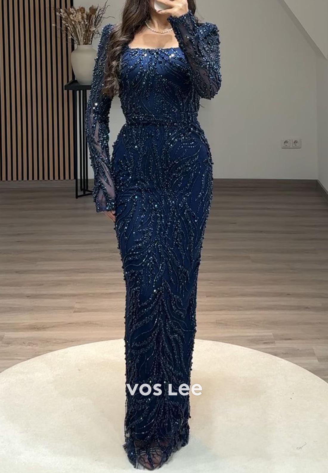 Column Floor-Length Square Long Sleeve Beading Glitter Split Formal Evening Dresses