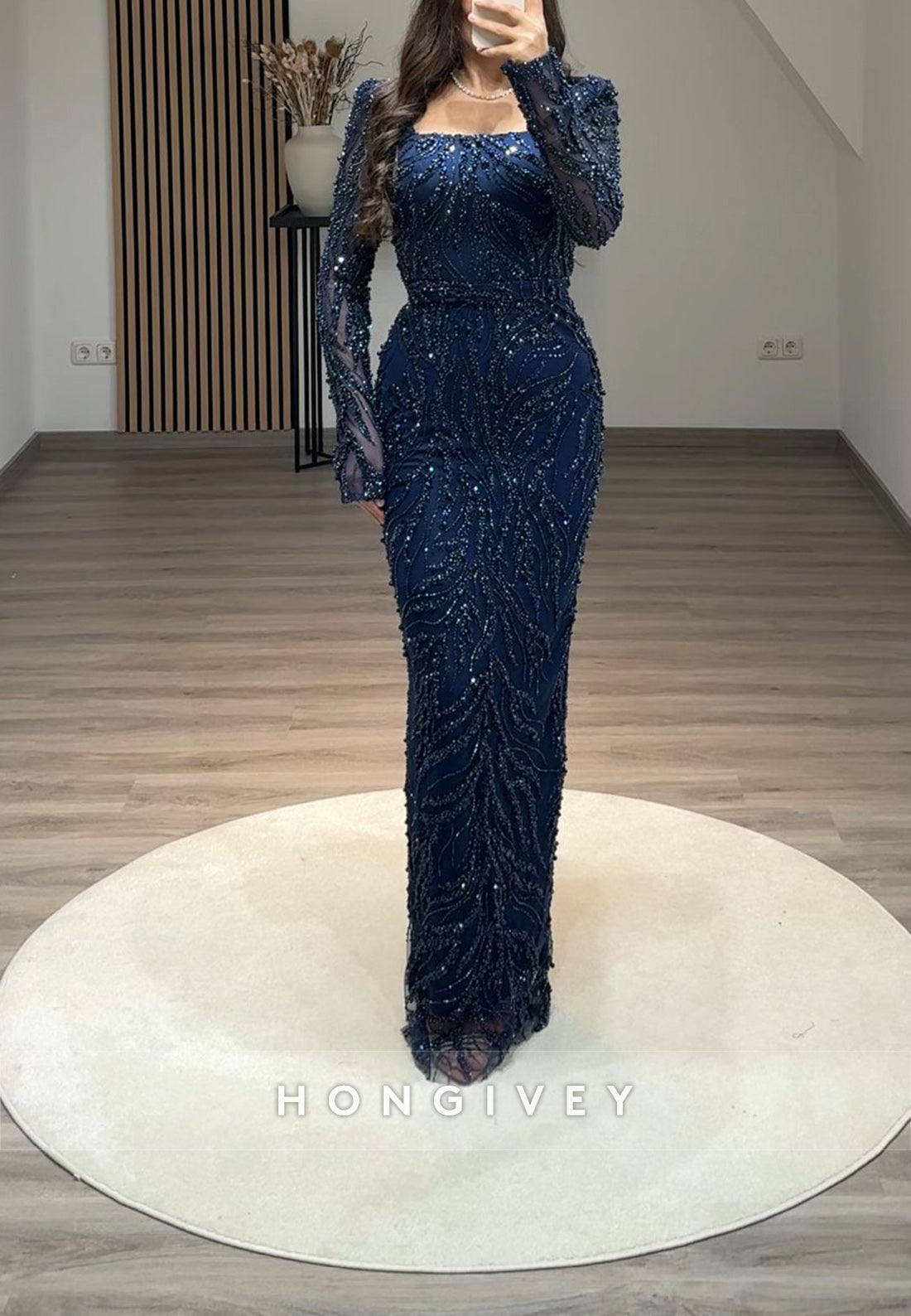Column Floor-Length Square Long Sleeve Beading Glitter Split Formal Evening Dresses