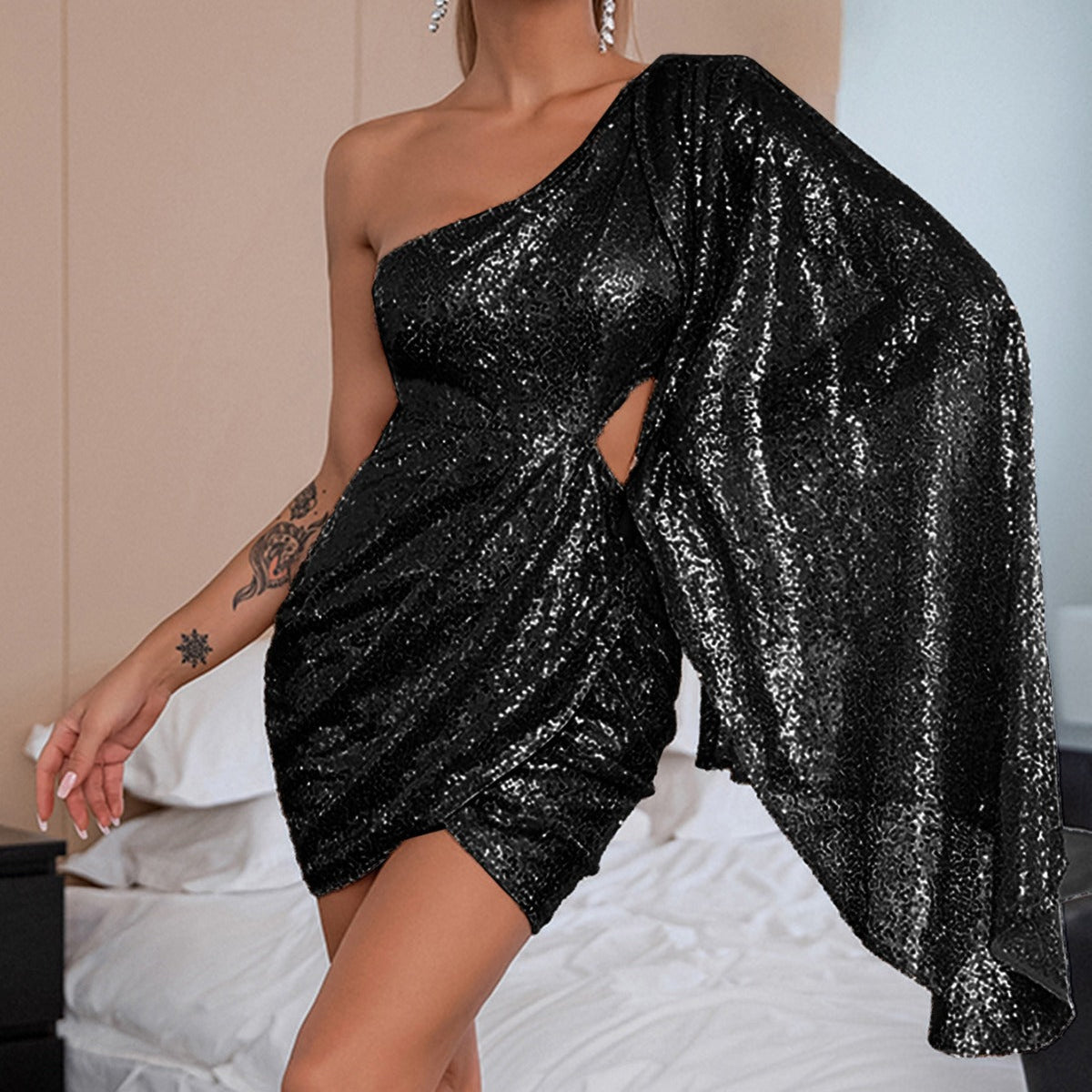 Sequin off Shoulder Hollow Out Cutout Evening Dress Supply Slim Dress - View 2 | VelvetHem
