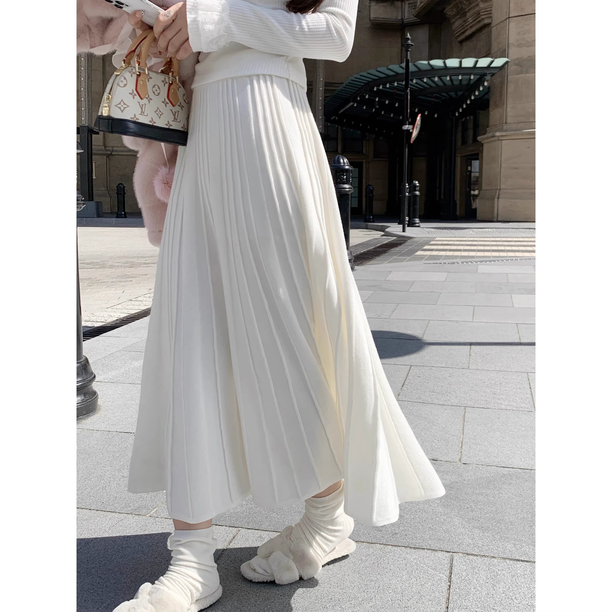 White, soft, pleated knit midi skirt A17 - VelvetHem