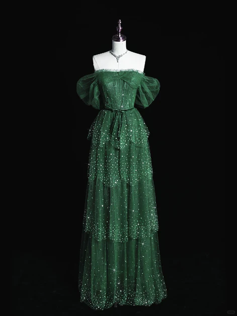 Sparkly Green Layers Tulle Prom Dress, Off The Shoulder A Line Long Party Dress