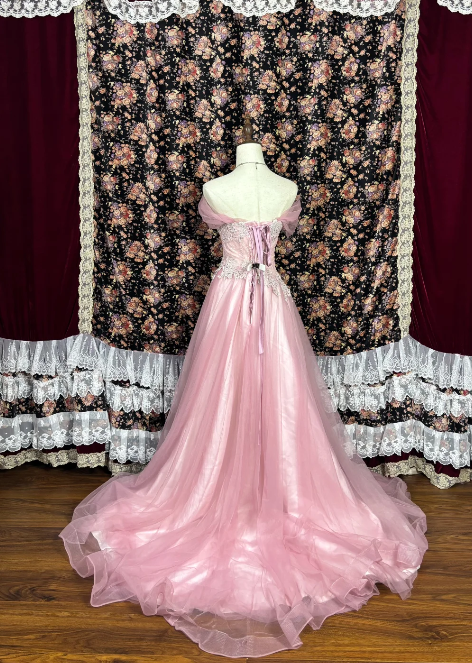 Off The Shoulder Pink Long Prom Dress Applique Tulle Evening Gowns J8629
