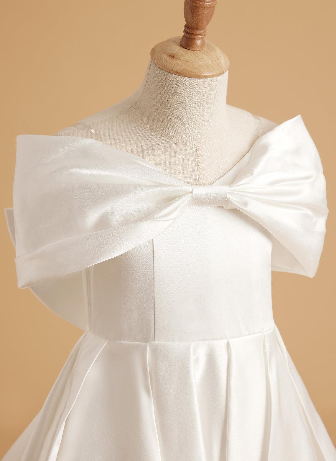 Elegant Ivory Satin Princess Ball Gown with Sweep Train and Bow for Flower Girls - View 9 | VelvetHem