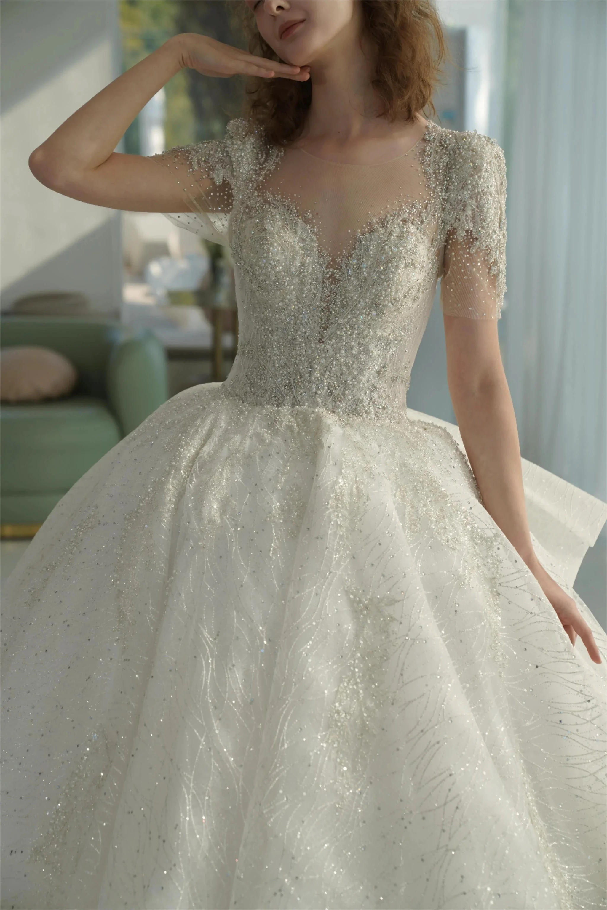 Luminous Ball Gown Illusion Neck Tulle Wedding Dress with Crystal Beaded Embroidery & Bow Back Train Q-6023 by ZAPDRESS