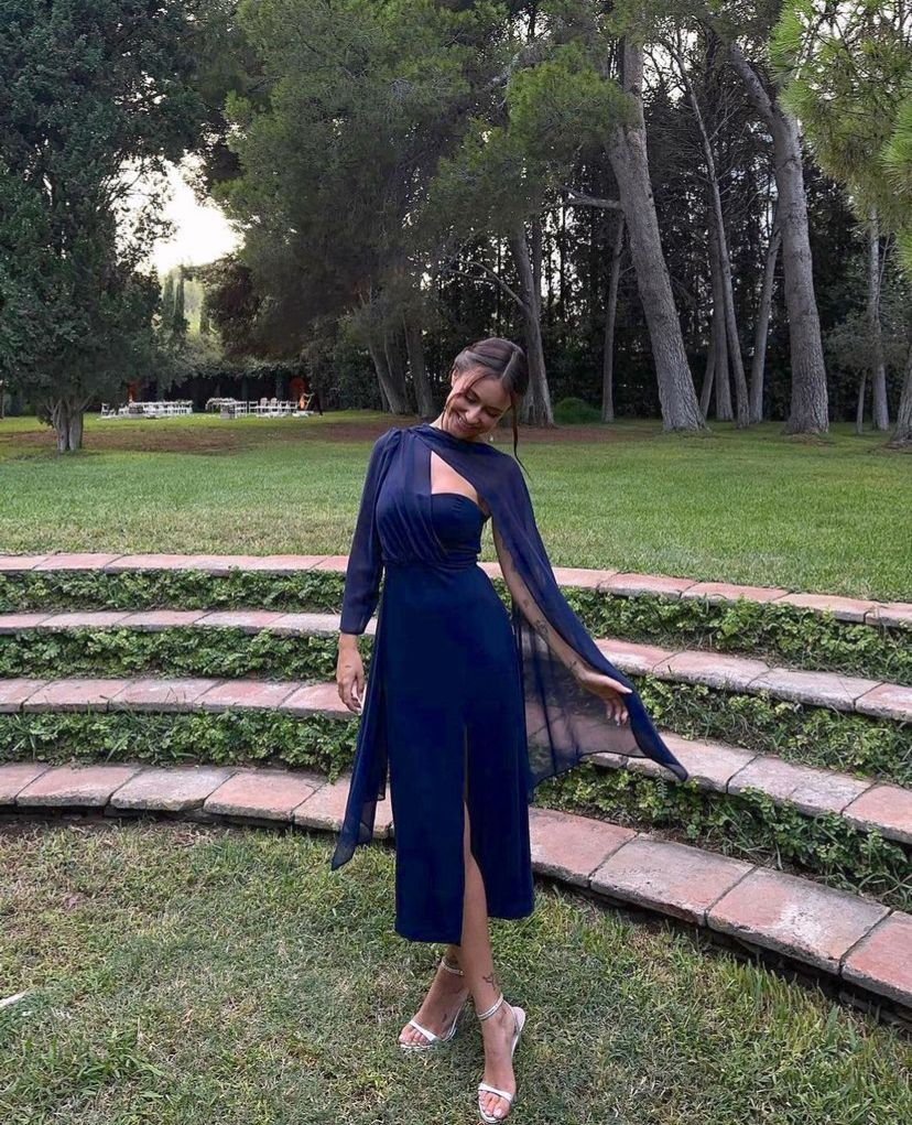 Navy Blue Sheath Midi Dress With Slit J8789