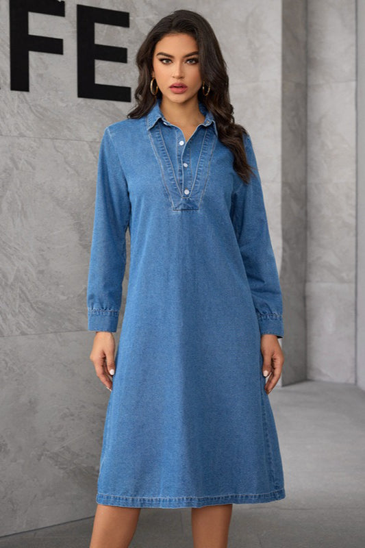 Vintage Collar Midi Denim Dress - View 2 | VelvetHem