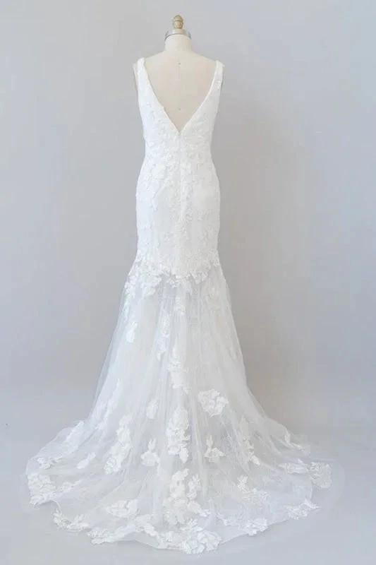 Deep V-neck Appliques Tulle Mermaid Elegant Wedding Dresses (ZD14735)