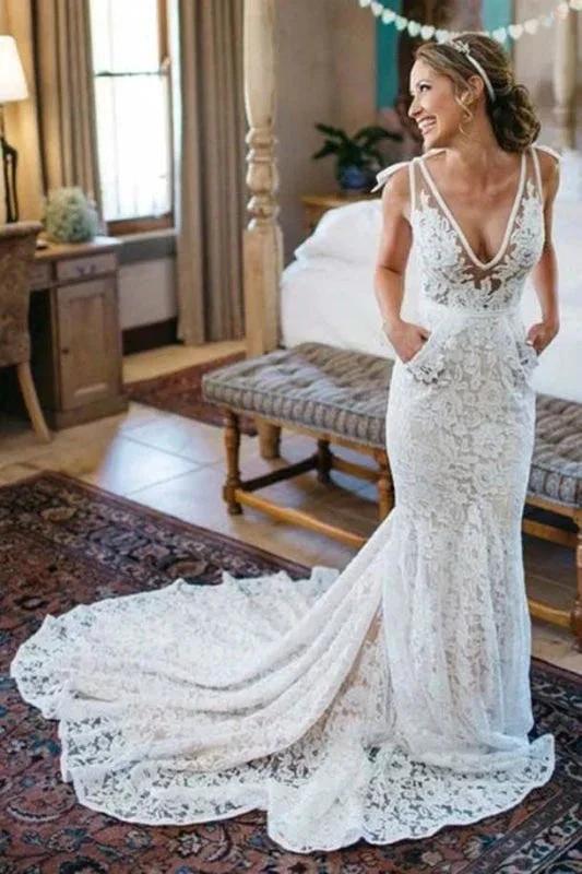 Deep V-Neck Beach Sleeveless Lace Mermaid Elegant Wedding Dresses (ZD14754)