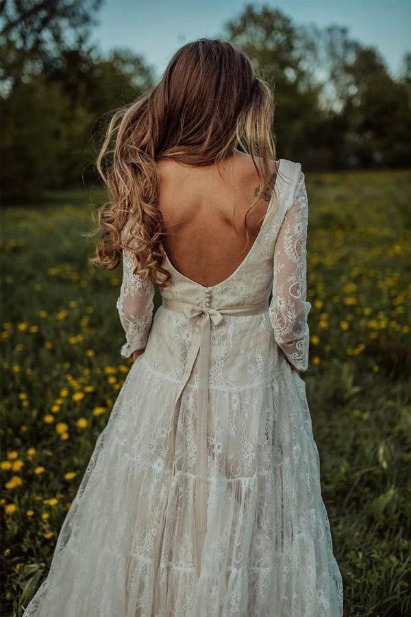 Deep V Neck Boho Wedding Dress Long Sleeve Rustic Wedding Dress (ZD16271)