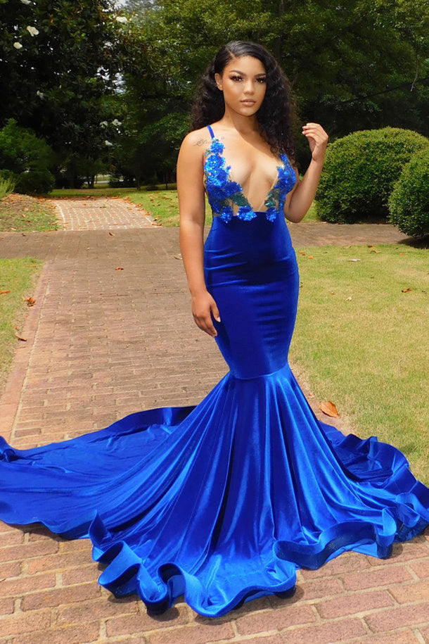 Deep V-Neck Royal Blue SPAGHETTI STRAPS Mermaid Flowers Prom Dresses