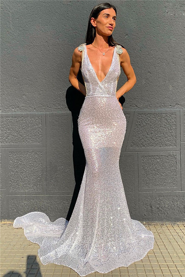 Deep V-Neck Sparkling Sequins Beading Chic Evening Gowns Backless Mermaid Sleeveless Prom Dresses With Court Train