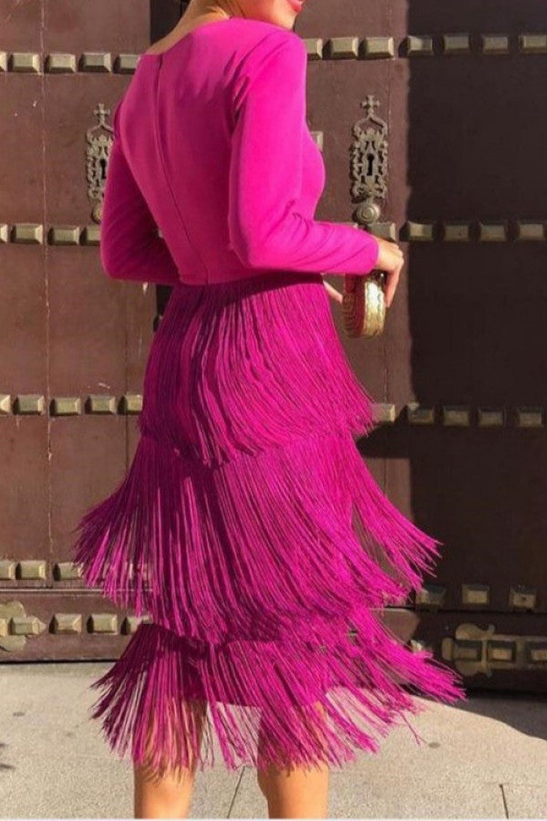 Deep V-neck Layered Tassel Midi Dress - Fashionpara