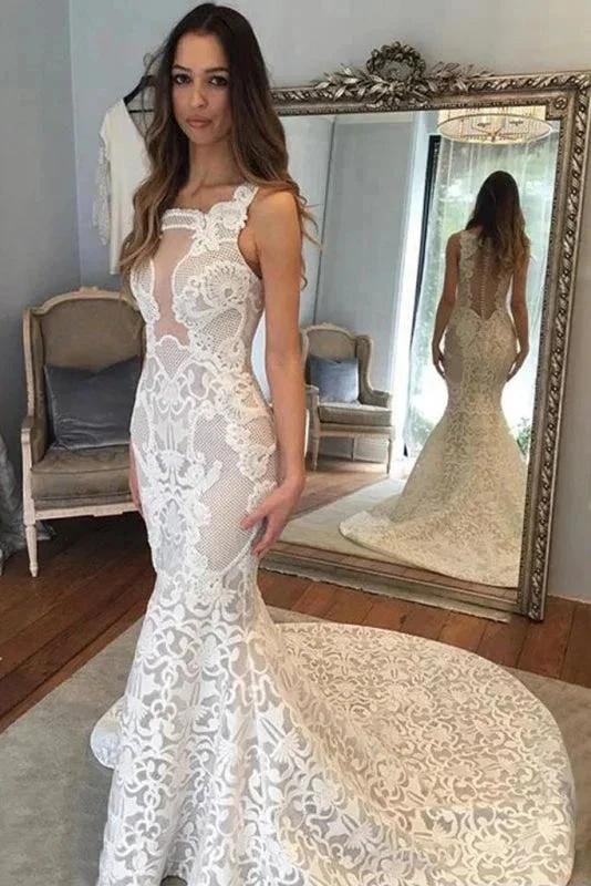 Delicate Illusion Court Train Lace Mermaid Elegant Wedding Dresses (ZD14749)