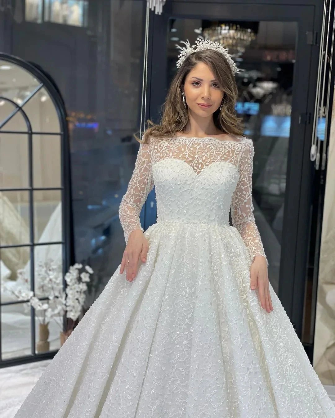 Deluxe Floor Length Long Sleeves A-Line Lace Wedding Dress with Ruffles (ZD14803)