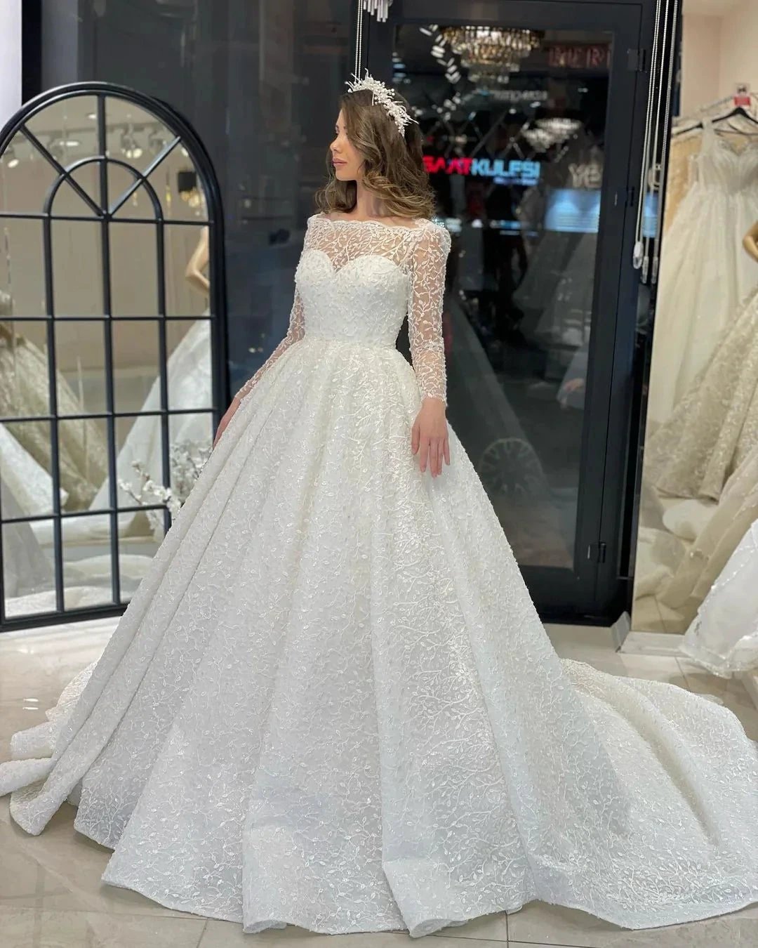 Deluxe Floor Length Long Sleeves A-Line Lace Wedding Dress with Ruffles (ZD14803) - View 5 | VelvetHem