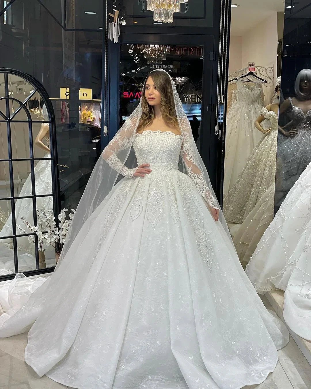 Deluxe Floor Length Long Sleeves A-Line Lace Wedding Dress with Ruffles (ZD14798) - View 7 | VelvetHem