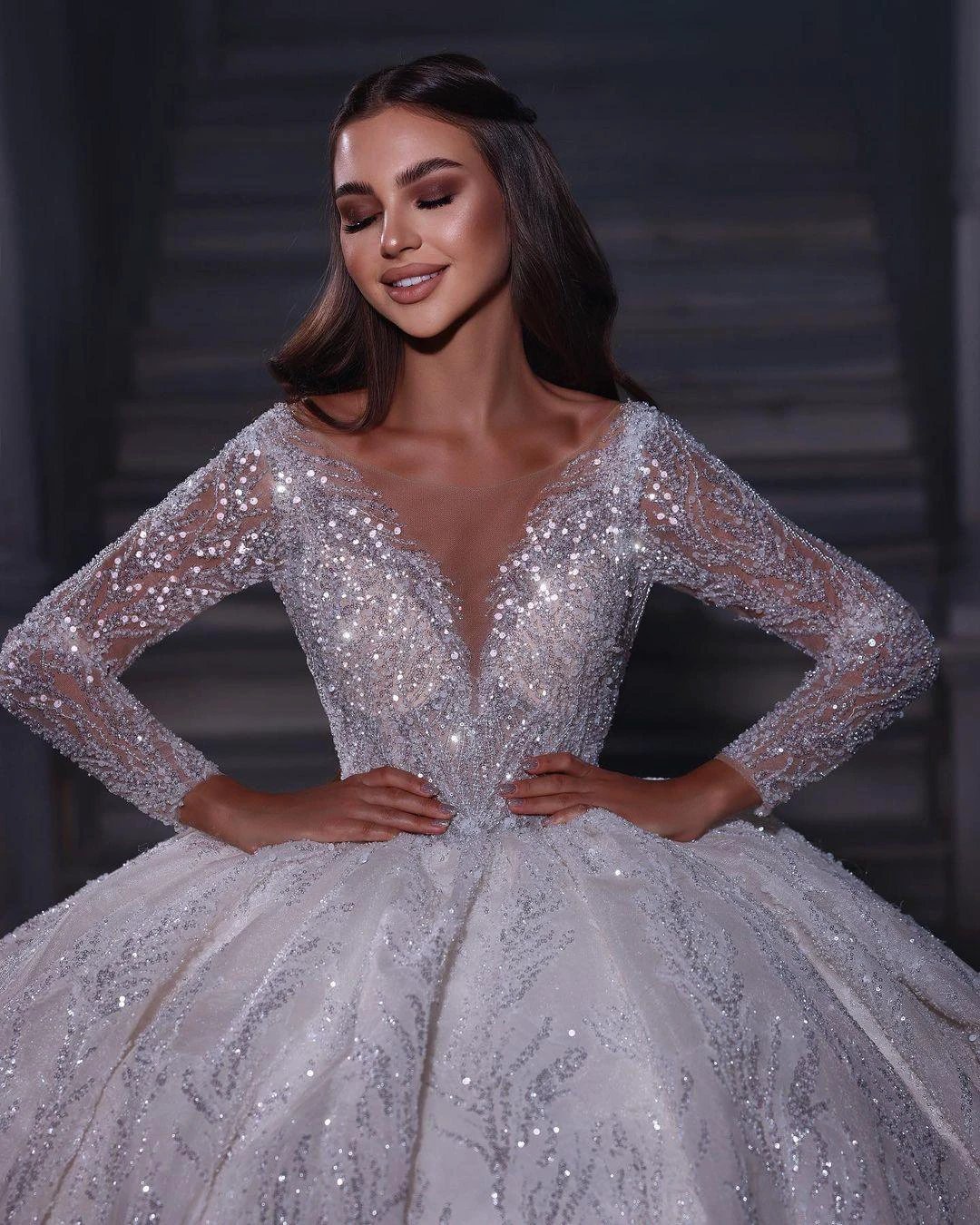 Deluxe Floor Length Sweetheart Long Sleeves A-Line Sequined Wedding Dress with Ruffles (ZD14784)