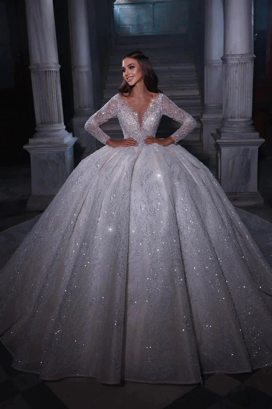 Deluxe Floor Length Sweetheart Long Sleeves A-Line Sequined Wedding Dress with Ruffles (ZD14784)