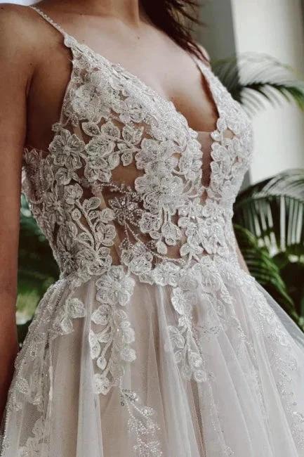 Designer A-line Appliques V-neck Wedding Dresses With Lace (ZD14528)