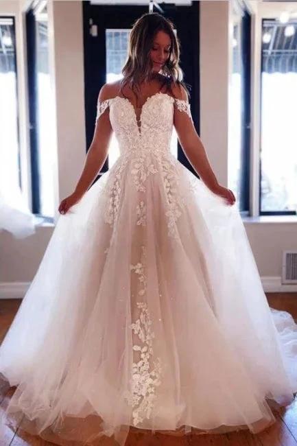 Designer A-Line Off-the-shoulder V-neck Wedding Dresses With Lace (ZD16553)