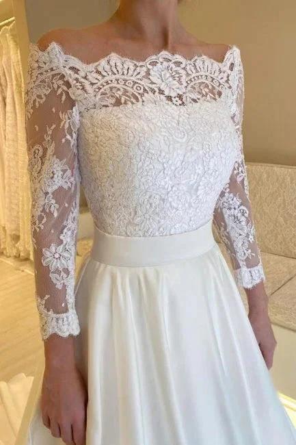 Designer A-Line Satin Lace Long Sleeve White Wedding Dress With Appliques (ZD16635) - View 2 | VelvetHem