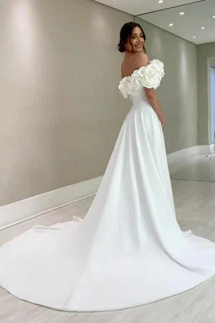 Designer A-Line Satin Off-The-Shoulder Sleeveless White Wedding Dresses With Split (ZD16653)