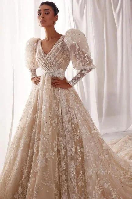 Designer A-Line Tulle Lace V-Neck Long Sleeve Wedding Dress With Appliques Ruffles (ZD16632)