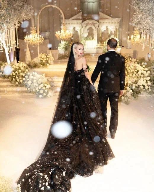 Designer Black A-Line Off-the-shoulder Glitter Wedding Dresses With Lace (ZD16565)