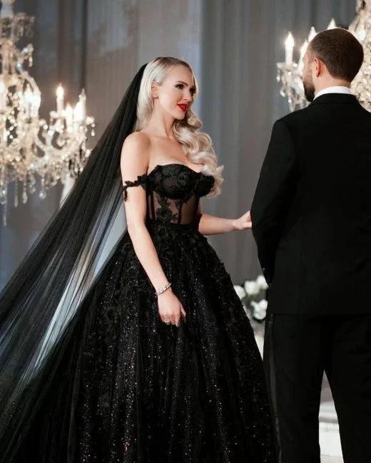 Designer Black A-Line Off-the-shoulder Glitter Wedding Dresses With Lace (ZD16565) - View 4 | VelvetHem