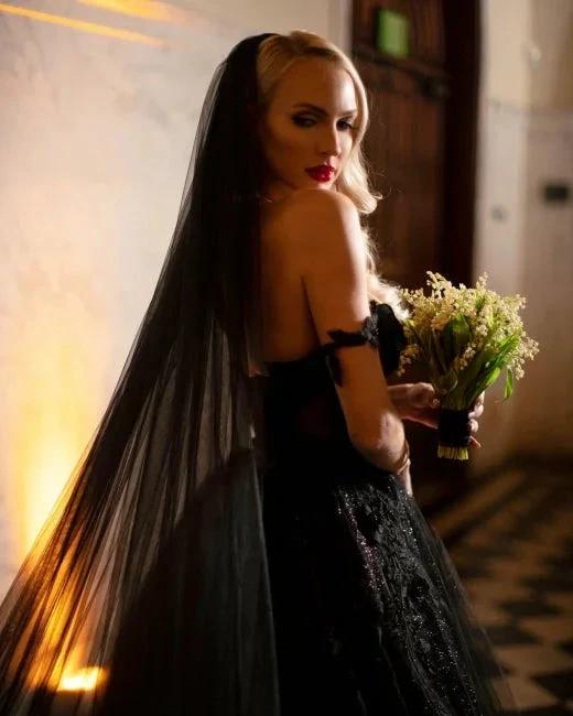 Designer Black A-Line Off-the-shoulder Glitter Wedding Dresses With Lace (ZD16565)