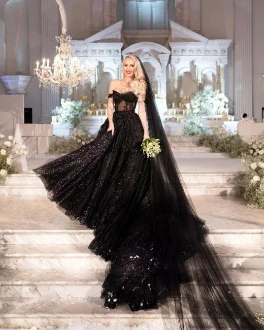 Designer Black A-Line Off-the-shoulder Glitter Wedding Dresses With Lace (ZD16565) - View 7 | VelvetHem