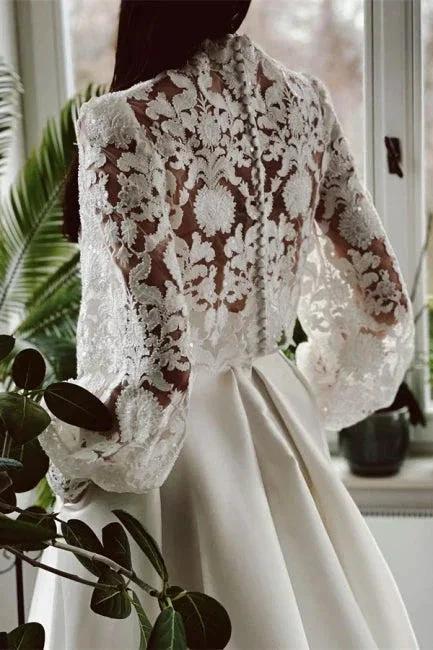 Designer Long A-line High Neck Lace Wedding Dresses With Long Sleeves (ZD16509) - View 4 | VelvetHem