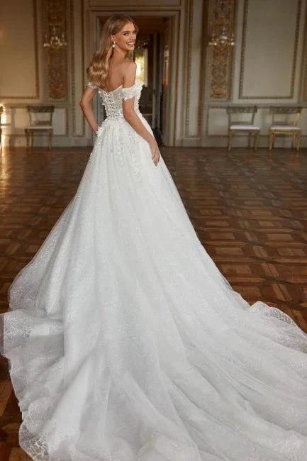 Designer Long A-line Off-the-shoulder Lace Wedding Dresses With Glitter (ZD14491)