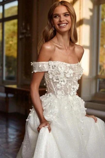 Designer Long A-line Off-the-shoulder Lace Wedding Dresses With Glitter (ZD14491)