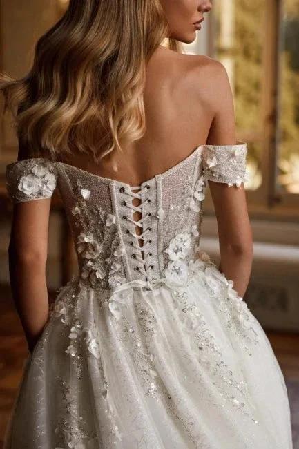 Designer Long A-line Off-the-shoulder Lace Wedding Dresses With Glitter (ZD14491)
