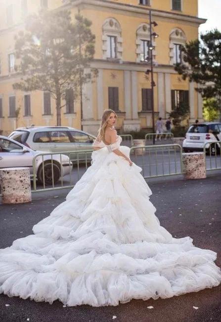 Designer Long A-line Off-the-shoulder Wedding Dresses With Lace (ZD14925) - View 2 | VelvetHem