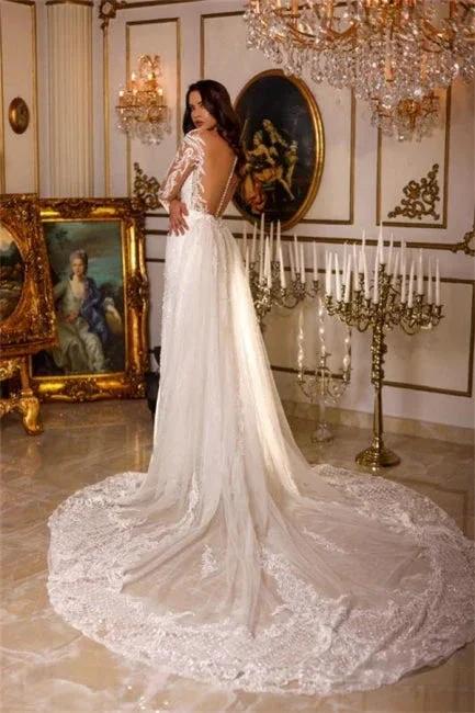 Designer Long A-line V-neck Lace Appliques Wedding Dresses With Long Sleeves (ZD14953)