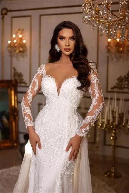 Designer Long A-line V-neck Lace Appliques Wedding Dresses With Long Sleeves (ZD14953)