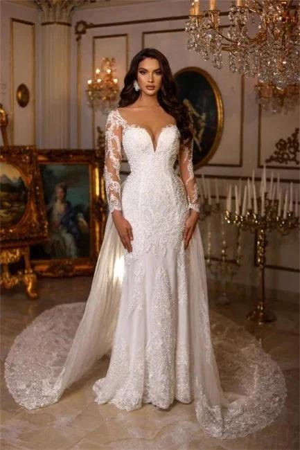Designer Long A-line V-neck Lace Appliques Wedding Dresses With Long Sleeves (ZD14953)