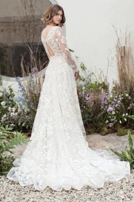 Designer Long A-Line V-neck Lace Wedding Dresses With Long Sleeves (ZD14905)