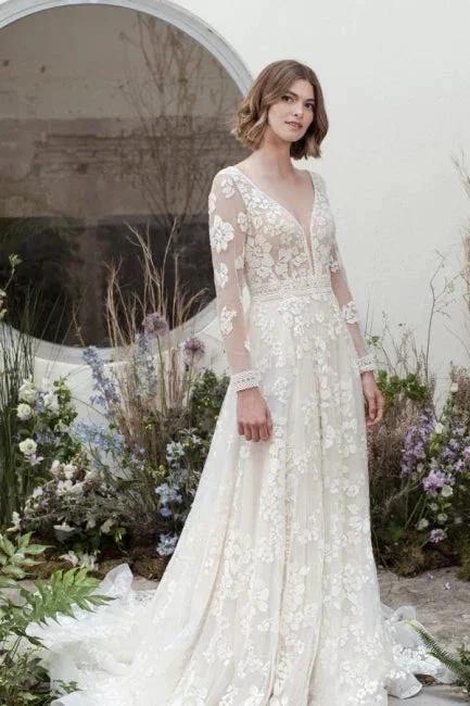 Designer Long A-Line V-neck Lace Wedding Dresses With Long Sleeves (ZD14905)
