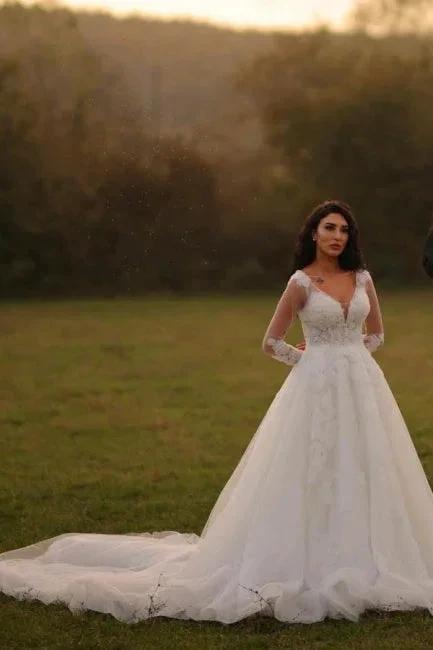 Designer Long A-line V-neck White Lace Wedding Dresses with Long Sleeves (ZD15610)