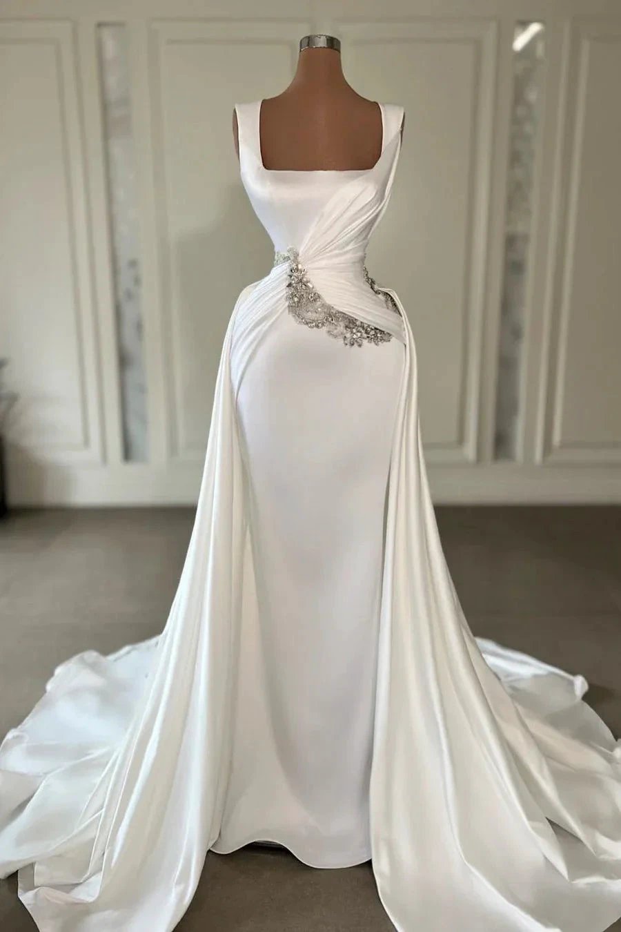 Designer Long Ivory A-line Straps Jewels Sleeveless Wedding Dress With Train (ZD15684)
